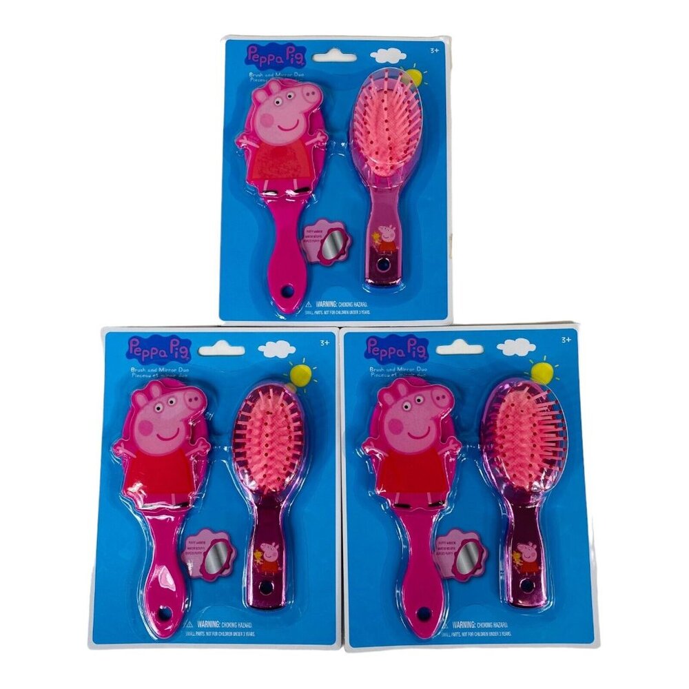 Peppa Pig Brush & Mirror Set 3-Pack Kids Hair Styling Grooming Tool New Fun Gift